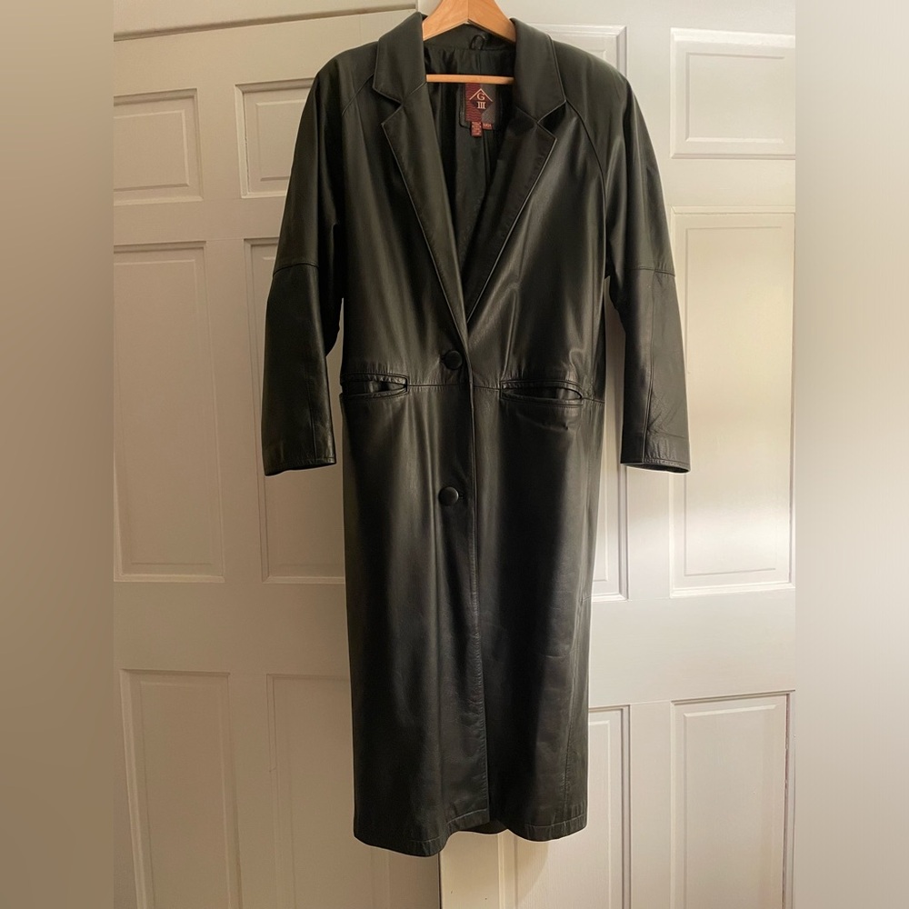Women’s, small, long black leather jacket